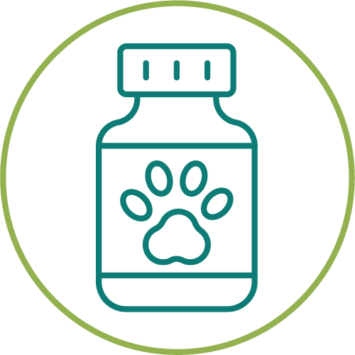 teal pill bottle with pawprint icon in green circle